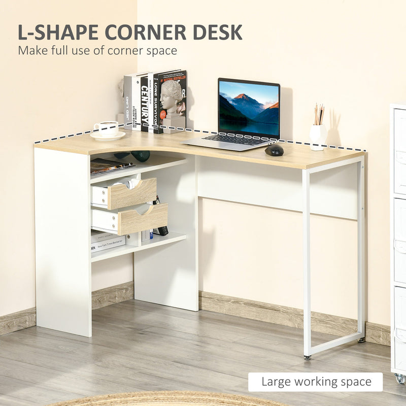 HOMCOM L-Shaped Corner Computer Desk Study Table PC Work w/ Storage Shelf Drawer Smooth Slide Office Home Workstation Space Saving - Light Brown