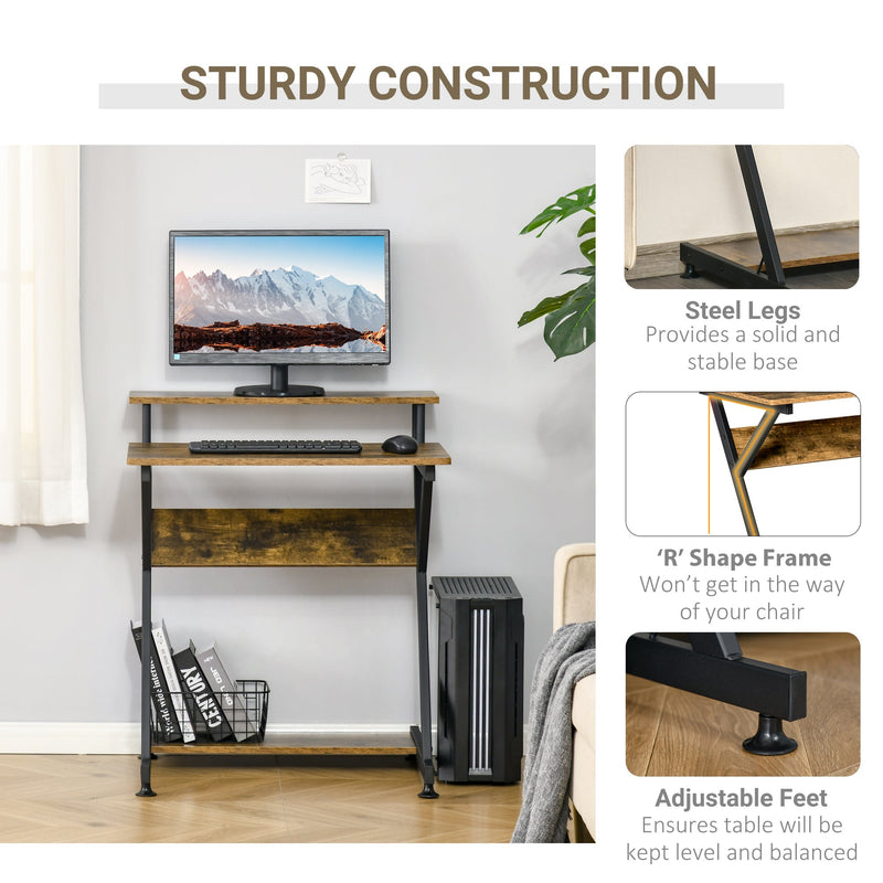 HOMCOM Compact Computer Table, R Shape Desk with Monitor Shelf and Storage for Home Office, Small, Study and Gaming 70cm, Brown