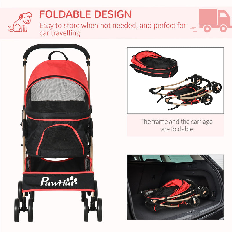 PawHut Detachable Pet Stroller with Rain Cover, 3 In 1 Cat Dog Pushchair, Foldable Carrying Bag w/ Universal Wheels, Brake, Canopy, Basket, Storage Bag for Small and Tiny Dogs - Red