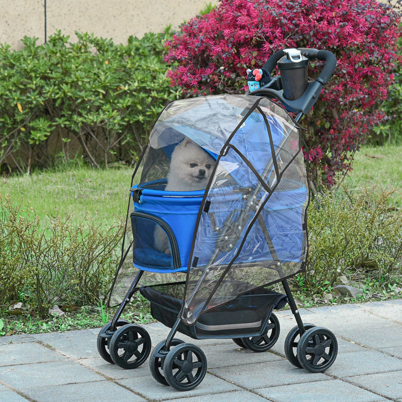 PawHut Dog Stroller with Rain Cover, Dog Pushchair One-Click Fold Trolley Jogger with EVA Wheels Brake Basket Adjustable Canopy Safety Leash for Small Dogs, Blue