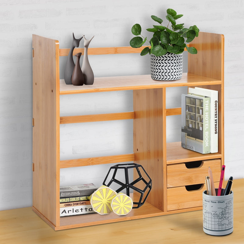 HOMCOM Desk Organiser Compartments Desktop Bookshelf Stationery Storage Shelf Document File Holder with 2 Drawers 2-way Reversed Use Bamboo