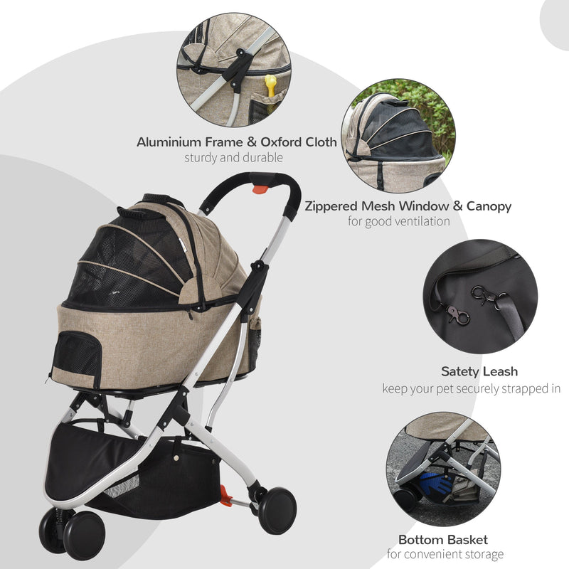 PawHut Detachable Pet Stroller Pushchair Foldable Dog Cat Travel Carriage 2-In-1 Design Carrying Bag  Light Brown