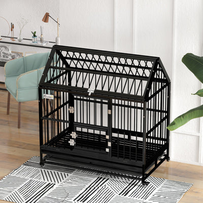 PawHut 49" Heavy Duty Dog Crate on Wheels, with Removable Tray, Openable Top, for L, XL Dogs - Black