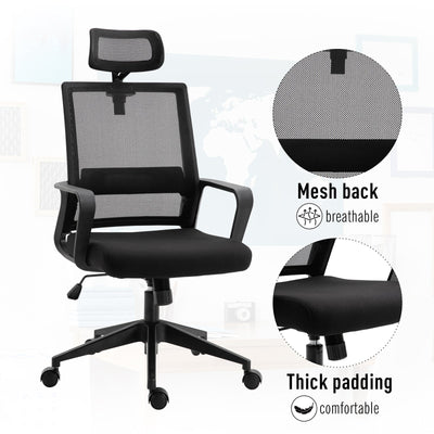 HOMCOM Mesh Swivel Office Chair with Adjustable Headrest, Lumbar Support, Home Task High Back Chair Adjustable Height, Black