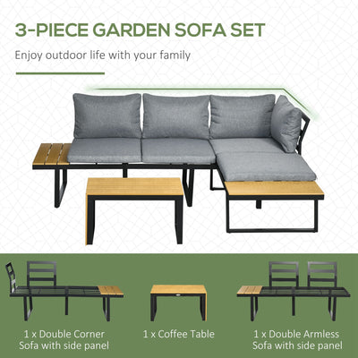 Outsunny 4-Seater Garden Sofa Set Patio Conversation Set w/ Padded Cushions, Wood Grain Plastic Top Table and Side Panel, Dark Grey