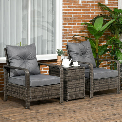 2-Seater PE Rattan Garden Seating Set W/ 2 Padded Chair Storage Table Grey