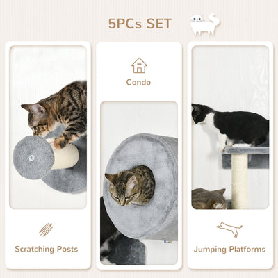 PawHut 5Pcs Cat Wall Furniture with Perch, Cat Condo, Scratching Post, Wall Mounted Cat Tree for Indoor Cats Use - Grey