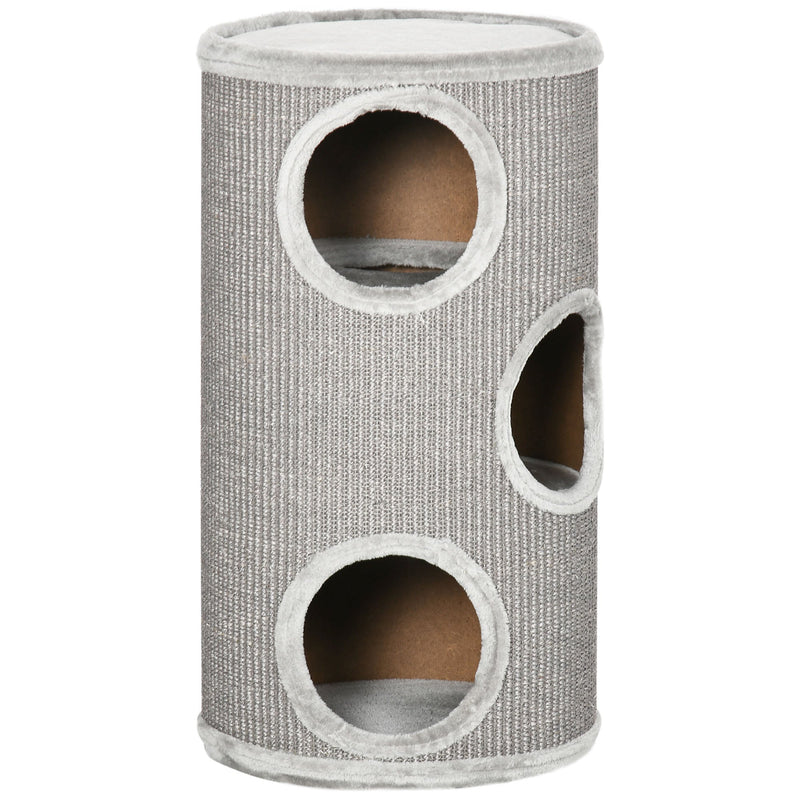 PawHut Cat Barrel Kitten Tree Tower for Indoor Cats, Cat Climbing Frame Covered with Sisal, Cosy Platform - Light Grey