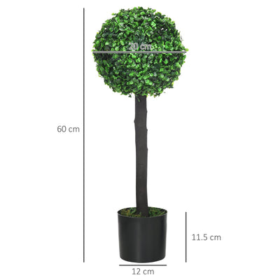 HOMCOM Set of 2 Artificial Plants Boxwood Ball Trees in Pot Fake Plants for Home Indoor Outdoor Decor, 20x20x60cm, Green