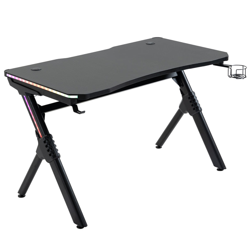 HOMCOM Gaming Desk Gaming Table with RGB LED Lights Racing Style Cup Holder, Cable Management, Black