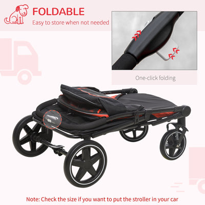 PawHut One-Click Foldable Pet Travel Stroller with Rain Cover, Cat Dog Pushchair with Universal Front Wheels, Shock Absorber, Storage Bags, Mesh Window, Safety Leash for Large and Medium Dogs (Red)