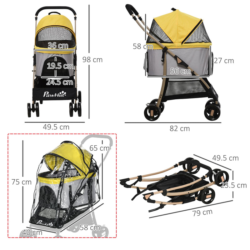 PawHut Detachable Pet Stroller with Rain Cover, 3 In 1 Cat Dog Pushchair, Foldable Carrying Bag w/ Universal Wheels, Brake, Canopy, Basket, Storage Bag for Small and Tiny Dogs - Yellow