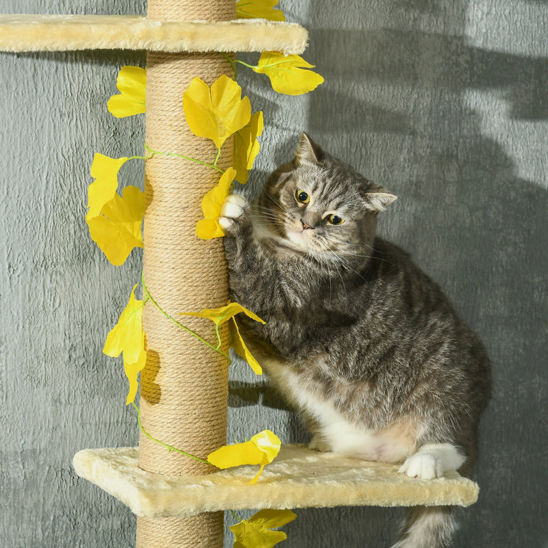 PawHut 202-242cm Height Adjustable Floor to Ceiling Cat Tree for Indoor Cats with Sisal Scratching Post, 3- Tier Cat Tower Climbing Activity Centre with Platforms, Leaves, Yellow