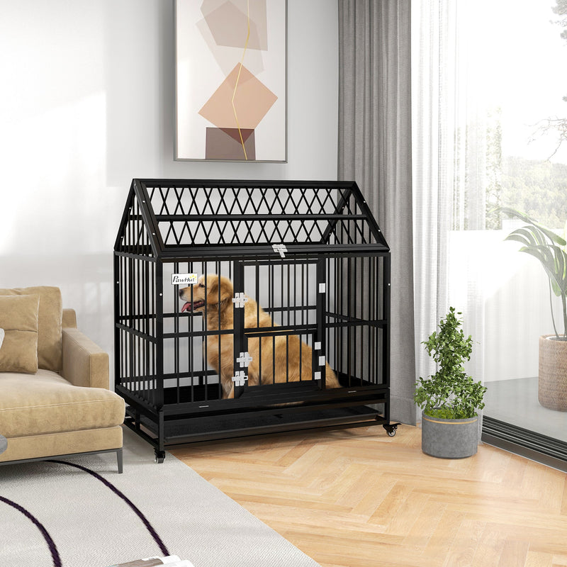 PawHut 49" Heavy Duty Dog Crate on Wheels, with Removable Tray, Openable Top, for L, XL Dogs - Black