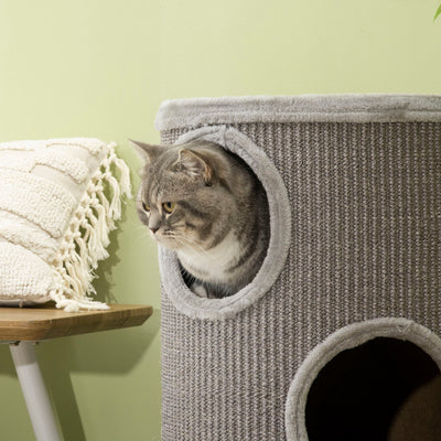 PawHut Cat Barrel Kitten Tree Tower for Indoor Cats, Cat Climbing Frame Covered with Sisal, Cosy Platform - Light Grey