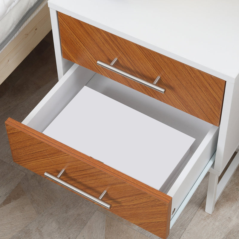 Bedside Table, 2 Drawer, Sofa Side Table, White and Brown