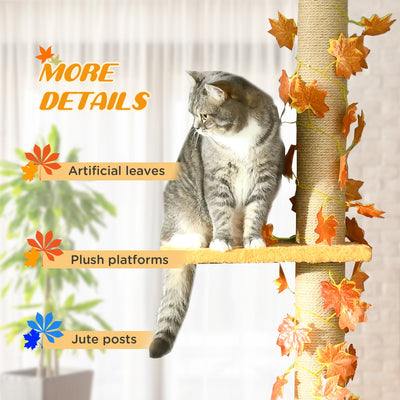 PawHut 202-242cm Height Adjustable Floor to Ceiling Cat Tree for Indoor Cats with Sisal Scratching Post, 3- Tier Cat Tower Climbing Activity Centre with Platforms, Leaves, Orange