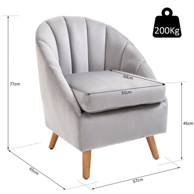 HOMCOM Accent Chair Velvet Fabric Single Sofa Armchair Home Living Room Solid Wood Leg Upholestered Side Armchair Grey