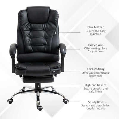 HOMCOM Executive Office Chair, All-round Adjustable PU Leather Home Office Chair with Swivel Wheels, Reclining Backrest, Retractable Footrest, Black