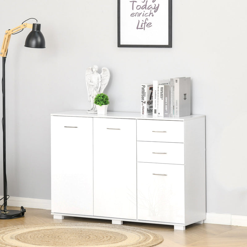 High-Gloss Sideboard Finish Storage Cabinet Home Organisation Aluminium Handles with2-Drawers White