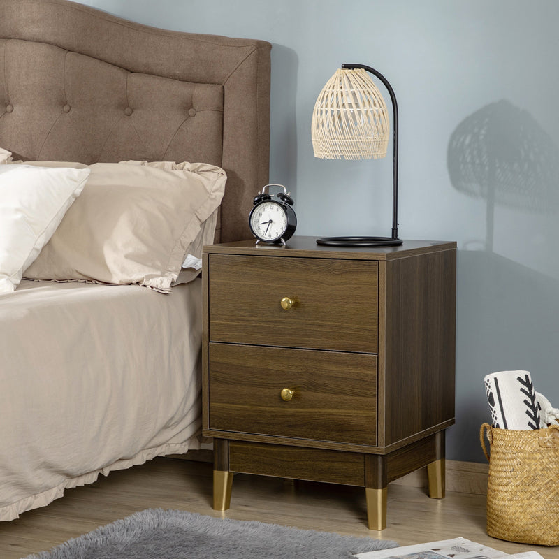 HOMCOM Modern Bedside Table, Bedside Cabinet with 2 Drawers, Storage Organiser for Bedroom, Living Room, Brown and Gold