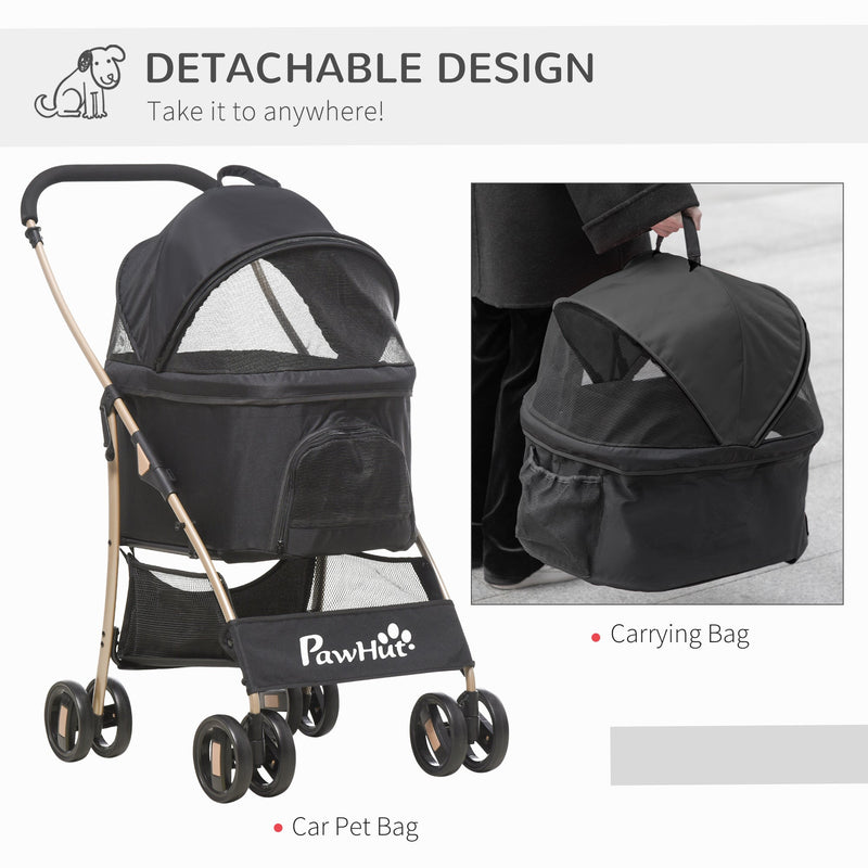 PawHut Detachable Pet Stroller with Rain Cover, 3 In 1 Cat Dog Pushchair, Foldable Carrying Bag w/ Universal Wheels, Brake, Canopy, Basket, Storage Bag for Small and Tiny Dogs - Black