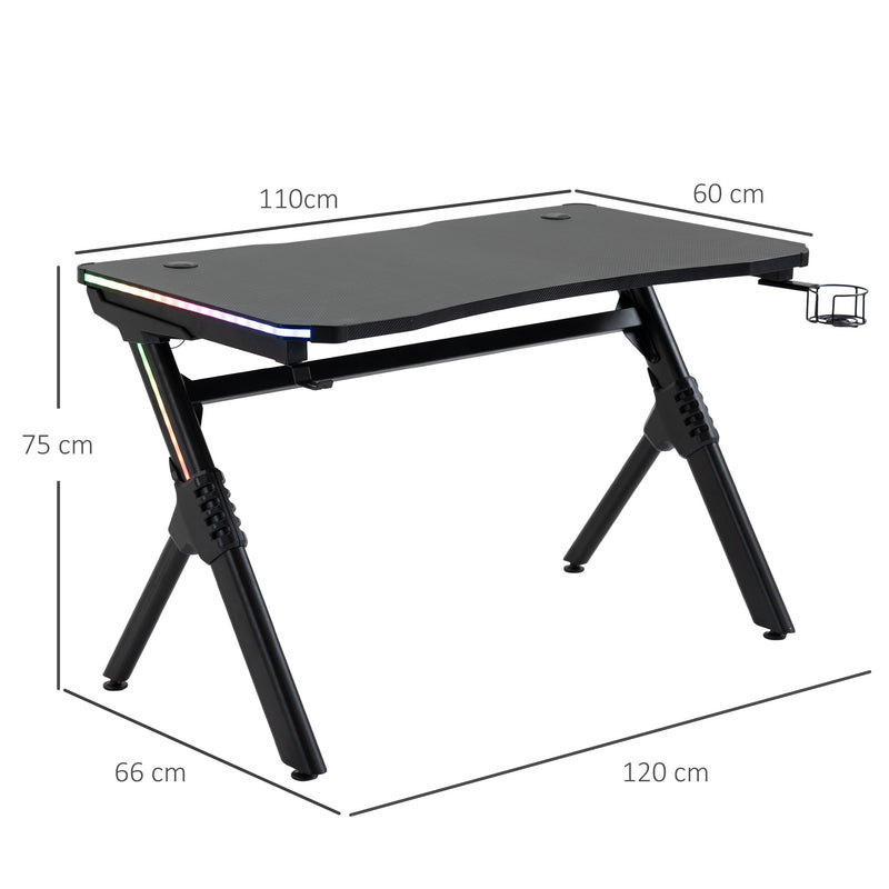 HOMCOM Gaming Desk Gaming Table with RGB LED Lights Racing Style Cup Holder, Cable Management, Black