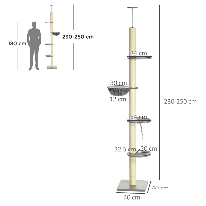 PawHut 250cm Floor to Ceiling Cat Tree with Hammock, Scratching Post