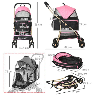 PawHut Detachable Pet Stroller with Rain Cover, 3 In 1 Cat Dog Pushchair, Foldable Carrying Bag w/ Universal Wheels, Brake, Canopy, Basket, Storage Bag for Small and Tiny Dogs - Pink