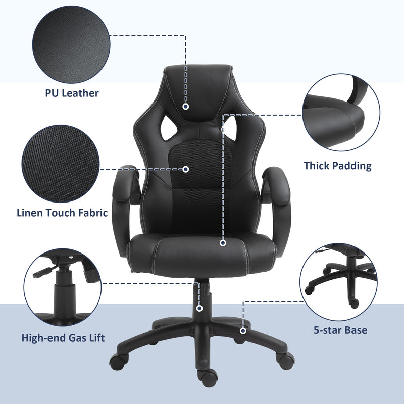 HOMCOM High-Back Gaming Chair Swivel Home Office Computer Racing Gamer Desk Chair Faux Leather with Wheels, Black