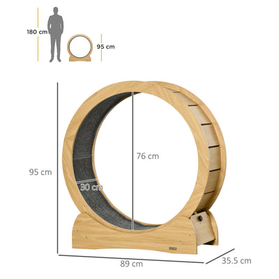 PawHut Cat Treadmill, Wooden Cat Exercise Wheel with Carpeted Runway, Cat Running Wheel w/Brake, Cat Tree for Physical Activity, Natural Wood Finish