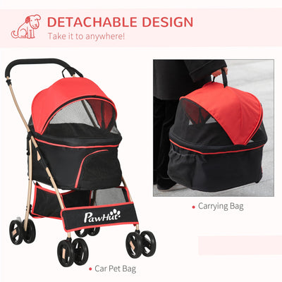 PawHut Detachable Pet Stroller with Rain Cover, 3 In 1 Cat Dog Pushchair, Foldable Carrying Bag w/ Universal Wheels, Brake, Canopy, Basket, Storage Bag for Small and Tiny Dogs - Red