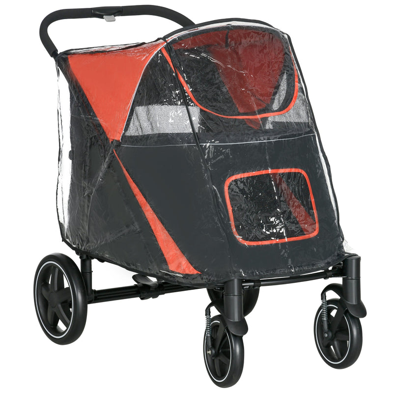 PawHut One-Click Foldable Pet Travel Stroller with Rain Cover, Cat Dog Pushchair with Universal Front Wheels, Shock Absorber, Storage Bags, Mesh Window, Safety Leash for Large and Medium Dogs (Red)