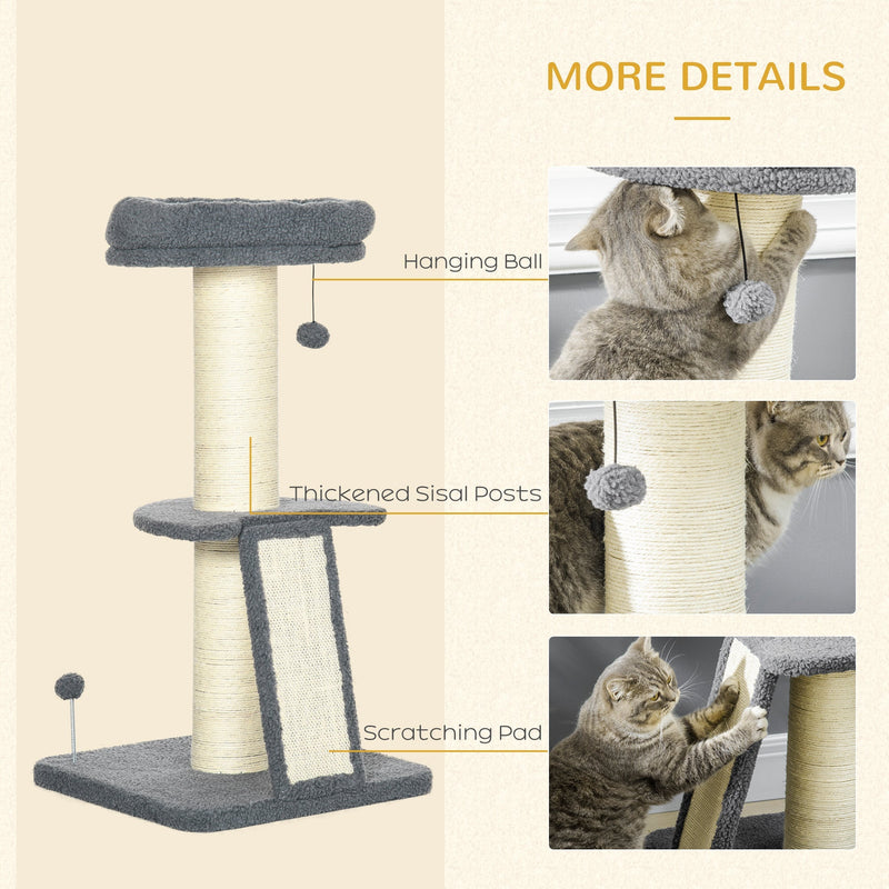 PawHut Cat Tree Tower with Scratching Posts, Pad, Bed, Toy Ball for Cats under 5 Kg, Dark Grey & Beige