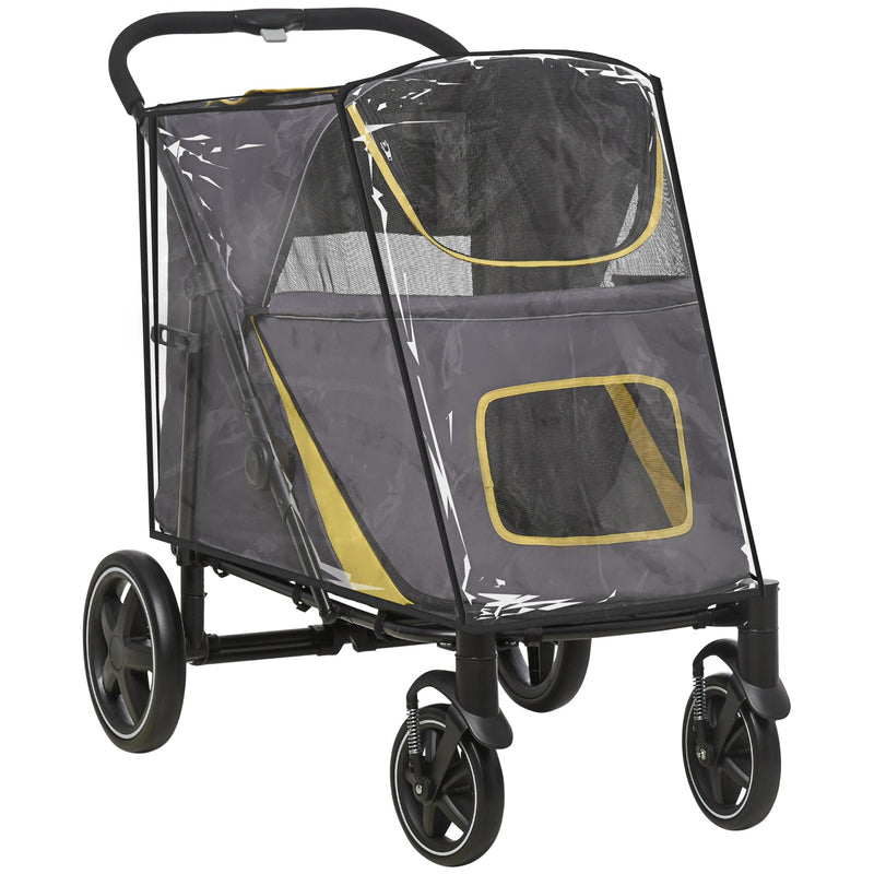 PawHut One-Click Foldable Pet Travel Stroller with Rain Cover, Cat Dog Pushchair with Universal Front Wheels, Shock Absorber, Storage Bags, Mesh Window, Safety Leash for Large and Medium Dogs (Grey)