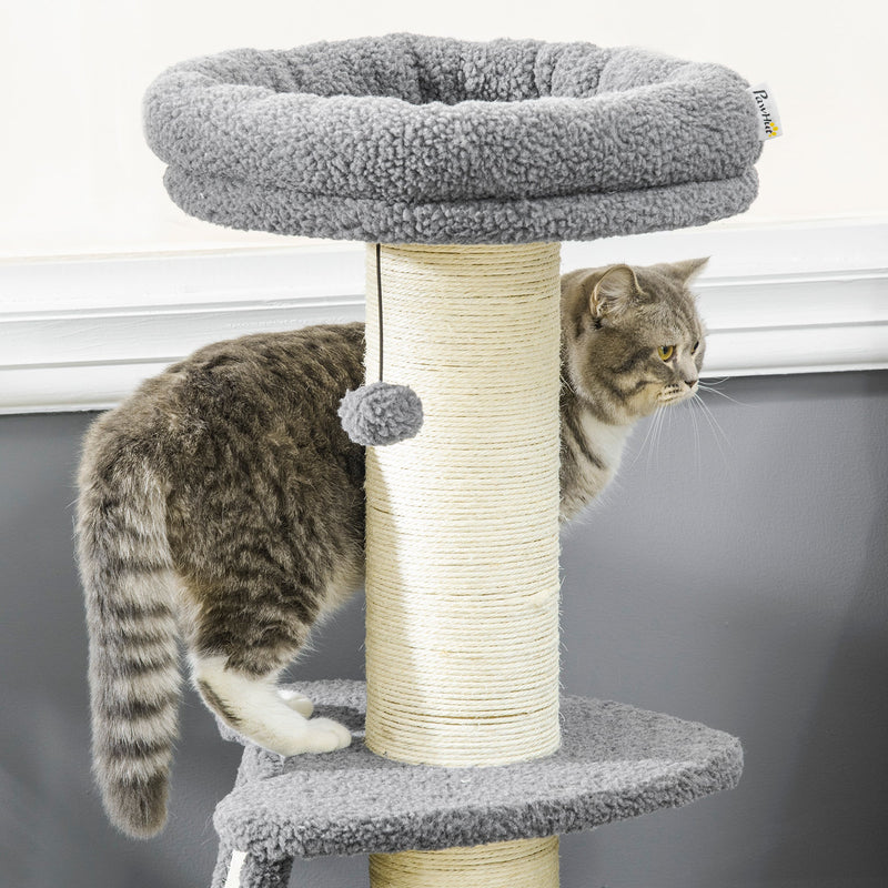 PawHut Cat Tree Tower with Scratching Posts, Pad, Bed, Toy Ball for Cats under 5 Kg, Dark Grey & Beige