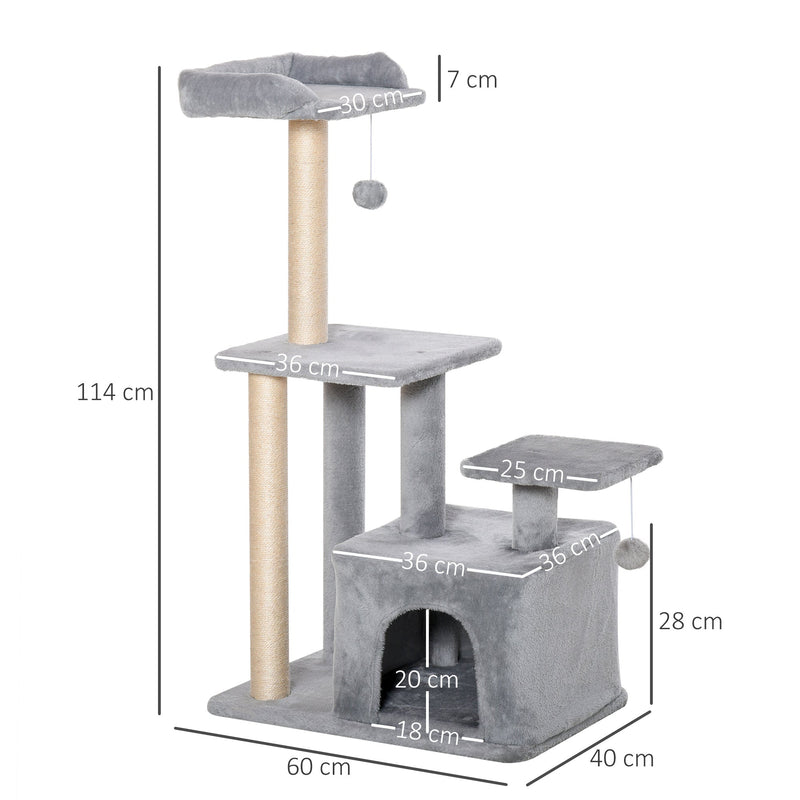 PawHut Cat tree Tower 114cm Climbing Activity Centre Kitten with Sisal Scratching Post Perch Hanging Ball Condo Toy Light Grey