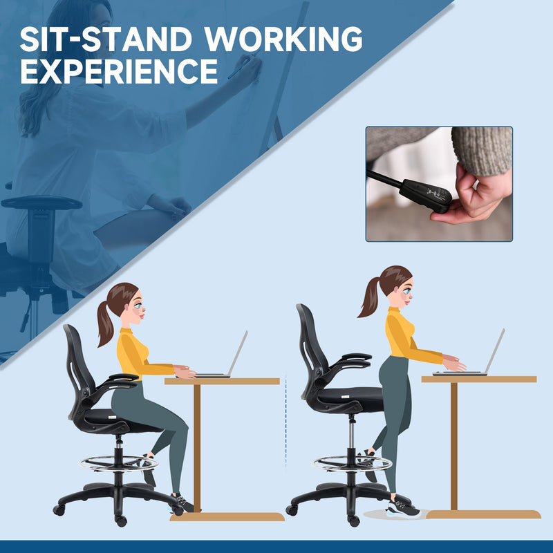 Vinsetto Ergonomic Mesh Standing Desk Chair with Flip-up Armrests Lumbar Support Armrests Adjustable Footrest Ring Black