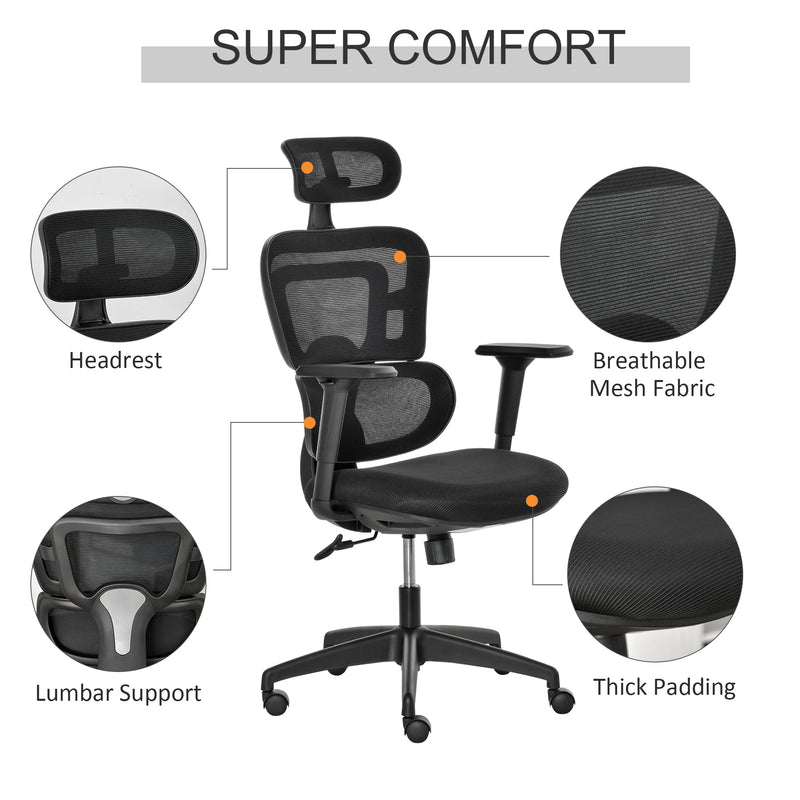 Vinsetto Mesh Office Chair, Ergonomic High-Back Swivel Desk Chair with Adjustable Height, Headrest, Lumbar Support, Padded Seat for Home Office Black